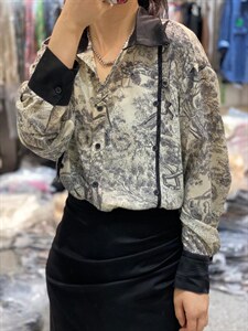 2022秋季新款韩版修身休闲潮百搭水墨画衬衫图片