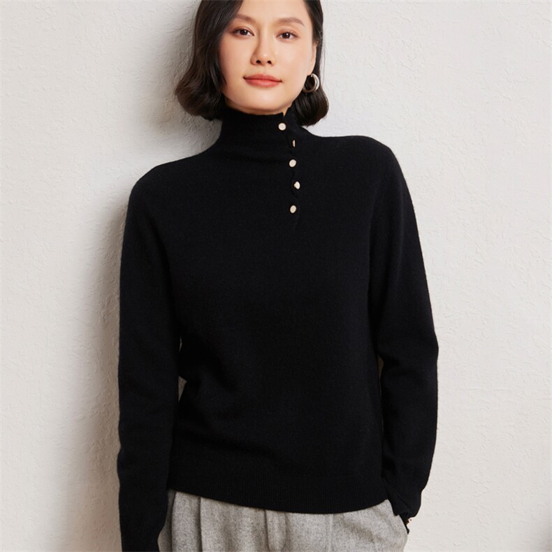 时尚女士高领套衫优雅扭扣设计显瘦修身开叉袖，女装羊绒衫，臻维羊绒