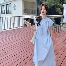 浅蓝色无袖衬衫连衣裙女2025夏季新款法式温柔风宽松减龄气质长裙，女装连衣裙，维壹