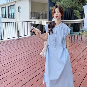 浅蓝色无袖衬衫连衣裙女2025夏季新款法式温柔风宽松减龄气质长裙图片
