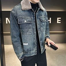 加绒加厚牛仔外套男秋冬季2025新款毛领夹克上衣服A313-6858-P165，男装工装外套，电商A313
