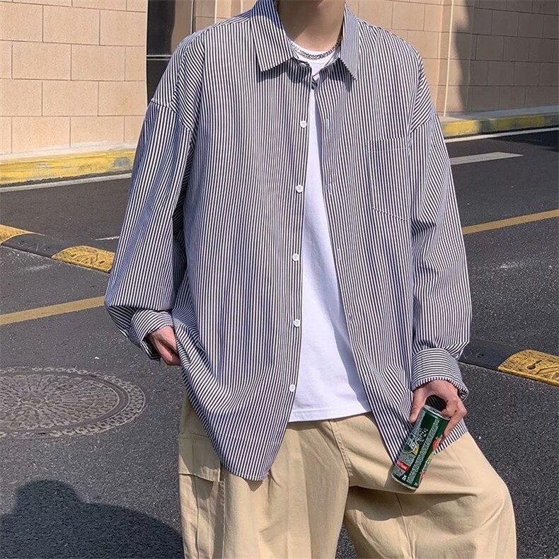 春秋薄款条纹衬衫男长袖ins港风日系宽松休闲韩版潮流百搭上衣服,男装衬衫,星座506A
