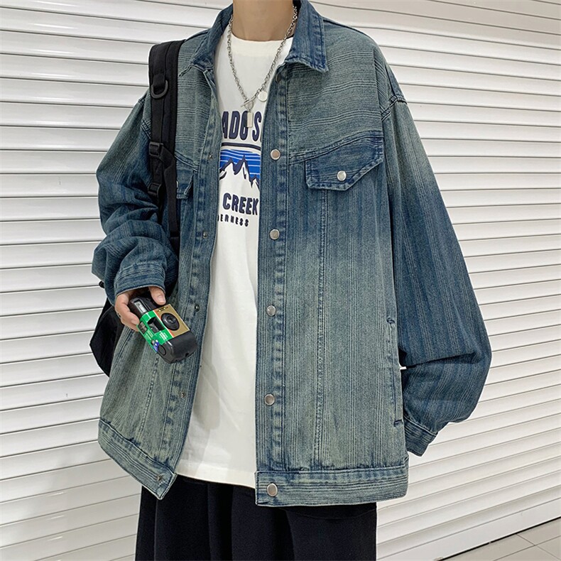 复古水洗牛仔外套男女春秋2024新款渐变色宽松盐系长袖上衣酷潮图片