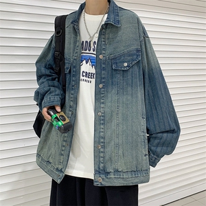 复古水洗牛仔外套男女春秋2024新款渐变色宽松盐系长袖上衣酷潮图片