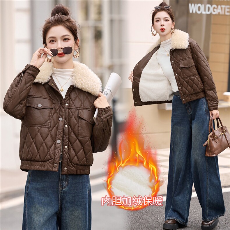 小个子加绒加厚皮衣外套女冬季短款高级感气质减龄皮棉服棉衣,女装皮衣,吾爱衣