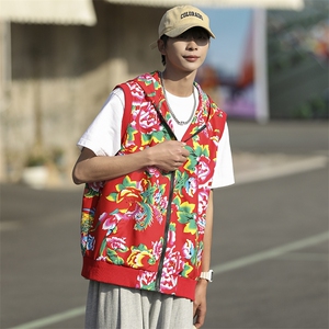 B02东北大花连帽拉链大码风汉服民族特色马甲背心坎肩潮男女图片