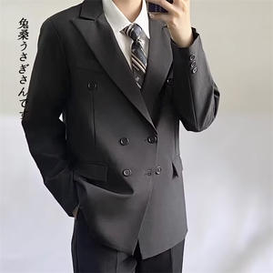 高级感黑色双排扣西装男秋季痞帅男生dk正装男装男士休闲西服外套图片