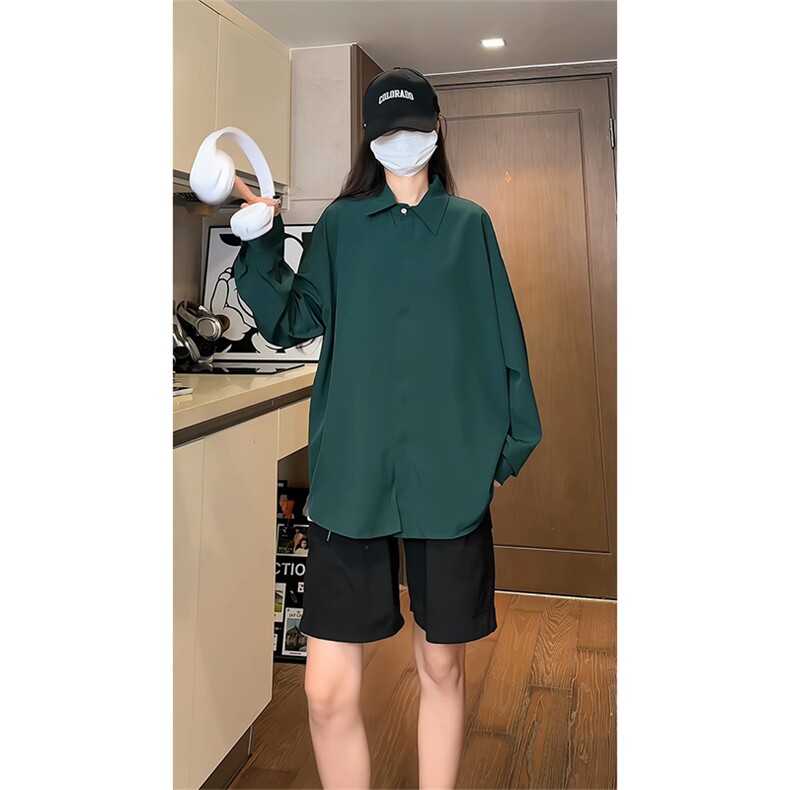 wassuphappy绿色长袖衬衫男春秋季2025新款宽松大码纯色休闲外套，男装防晒衣，电商A059