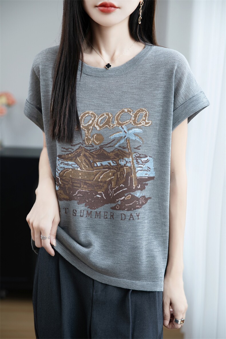 夏季新款简约竹节麻印染短袖女宽松百搭显瘦上衣时尚休闲T恤,女装T恤,贵皇网供仓