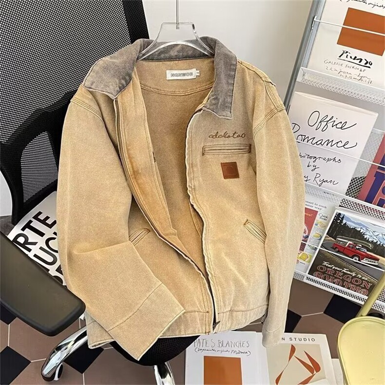 2603-P75美式小众水洗做旧短款上衣牛仔底特律工装夹克秋季外套,男装工装外套,电商B323A
