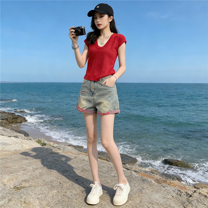 时尚简约套装女夏收腰显瘦撞色拼接短袖针织衫破洞牛仔短裤两件套,女装套装/套裙,江南