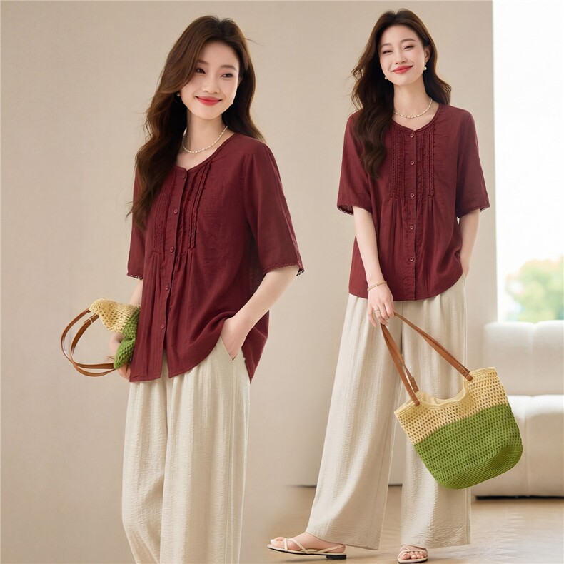 套装女2026夏季新款复古气质宽松阔腿裤两件套棉麻，女装套装/套裙，依万里