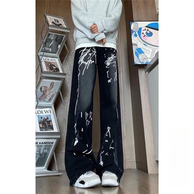 高街cleanfit油漆涂鸦微喇裤设计感潮牌水洗直筒牛仔裤N2921-P48,男装牛仔裤,星座1001-1