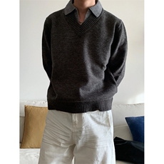 现货高品质假两件翻领毛衣外套宽松针织衫打底衫M8655-特P55，男装针织衫/毛衣，星座1212