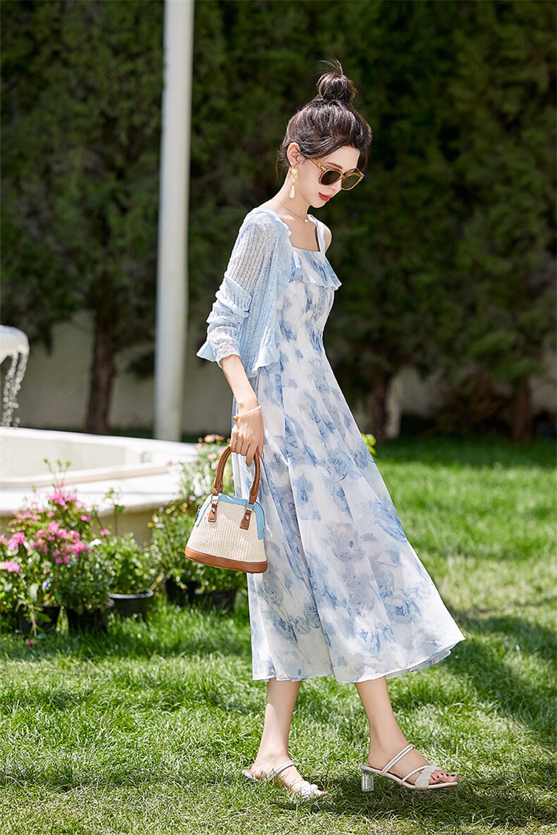 夏新款典雅休闲时尚水墨色兰色碎花小外套+吊带裙两件套装,女装套装/套裙,辰辰家