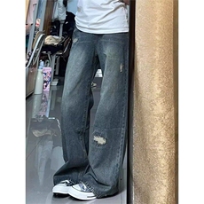 网图现货美式宽松微喇不规则破洞牛仔长裤K9140P45，男装牛仔裤，星座205-3