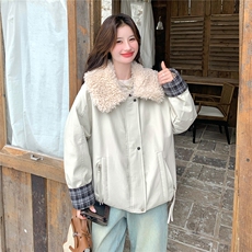 巨好看格纹拼接羊羔毛派克服女2025冬季新款韩系加绒加厚棉衣外套，女装棉衣/棉服，2C306
