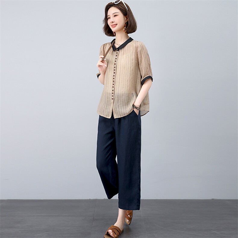 棉麻套装女2025夏季新款中年妈妈洋气减龄苎麻条纹衬衫休闲两件套,女装套装/套裙,独衣靓