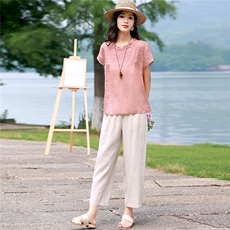 棉麻套装女2026夏季新款中年妈妈洋气减龄苎麻衬衫休闲两件套，女装套装/套裙，独衣靓