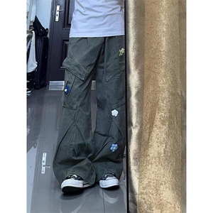 港风日系复古刺绣大口袋工装裤早春炸街高腰阔腿休闲裤ZK3886-P75图片