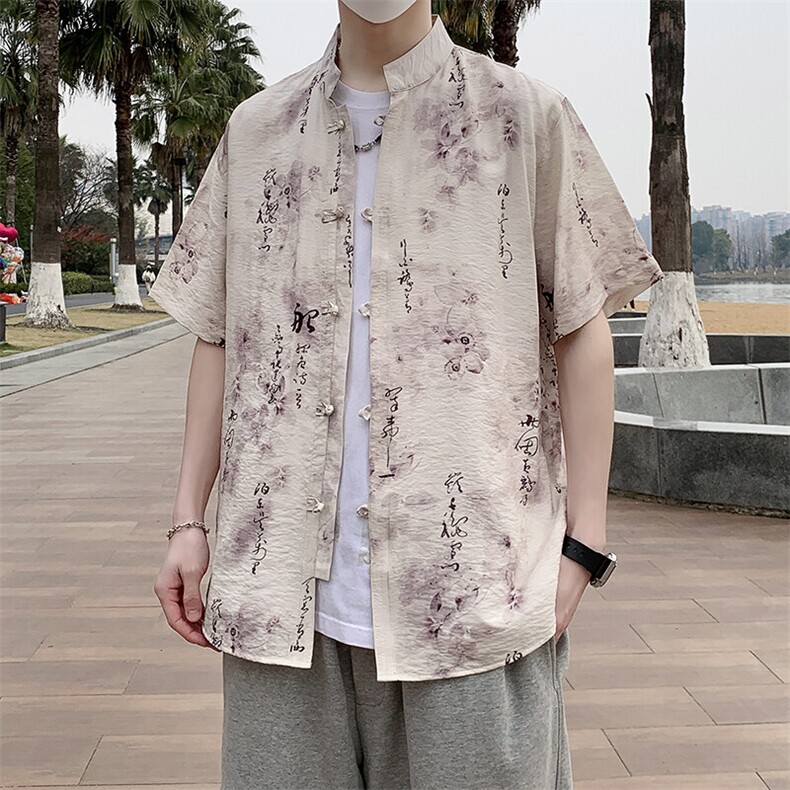 盘扣短袖衬衫男士夏季复古唐装新中式风衬衣7011P40,男装衬衫,电商A056