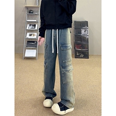 B221美式ins高街暗黑多口袋宽松工装牛仔裤LK23143-P80控108，男装牛仔裤，电商B221