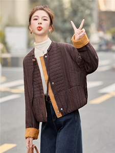 时尚圆领撞色短款棉服女2025冬新款休闲宽松保暖棉衣夹棉加厚外套图片