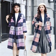 双面羊绒大衣秋冬装宽松小清新格子80%羊毛呢外套，女装毛呢外套，美吧服饰