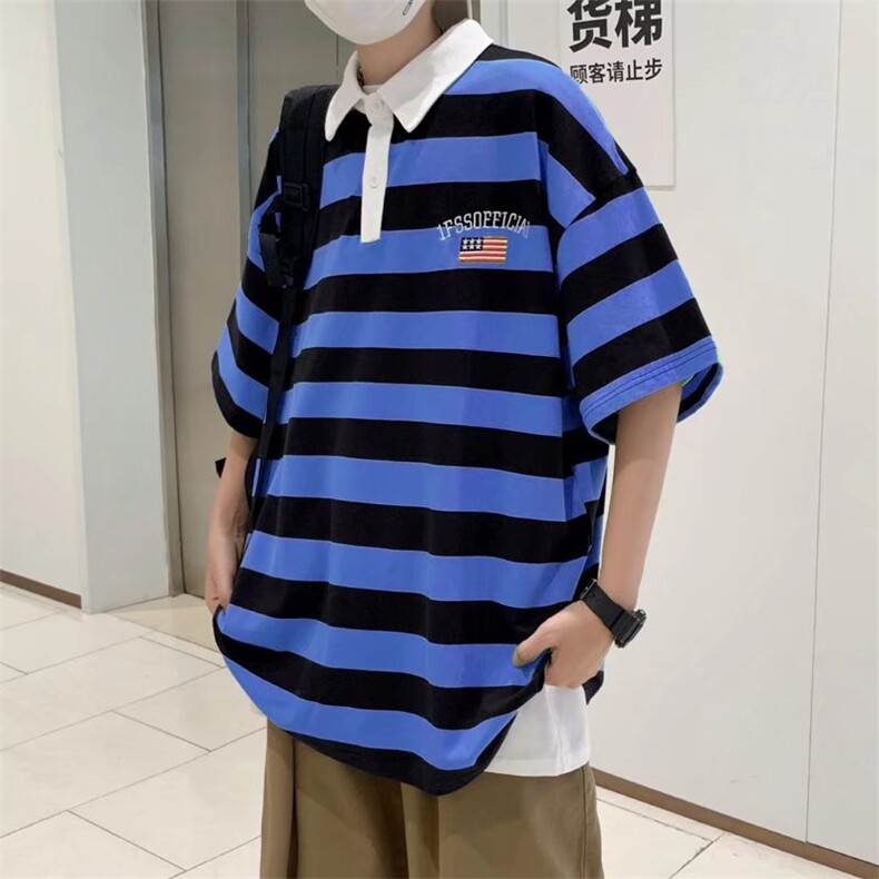 韩版polo衫男条纹帅气2023夏季新款ins宽松百搭日系衬衫W2778-P30,男装Polo衫,星座412-3