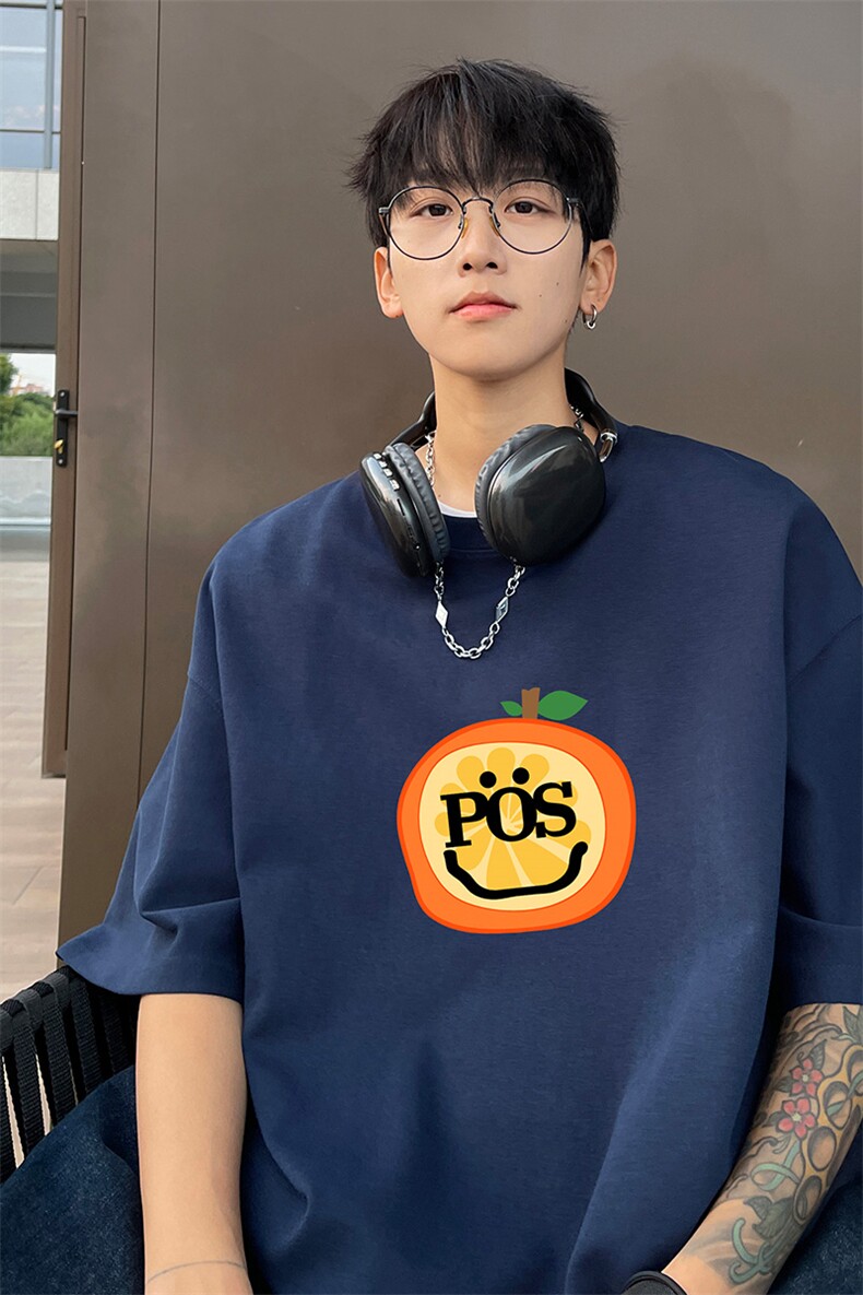 藏青色笑脸短袖t恤男2024新款潮流美式复古青少年小领口全棉半袖,男装T恤,电商B371