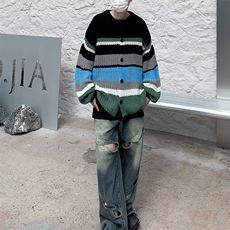 美式彩色条纹毛衣冬季针织衫软糯宽松拼色设计感上衣男，男装针织衫/毛衣，星座716-2