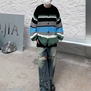 美式彩色条纹毛衣冬季针织衫软糯宽松拼色设计感上衣男图片
