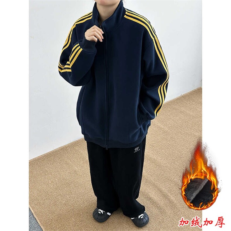 美式复古加绒加厚条纹卫衣男款立领外套潮牌高级感痞帅开衫夹克,男装夹克,星座1210-1