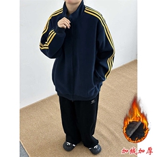 美式复古加绒加厚条纹卫衣男款立领外套潮牌高级感痞帅开衫夹克，男装夹克，星座1210-1