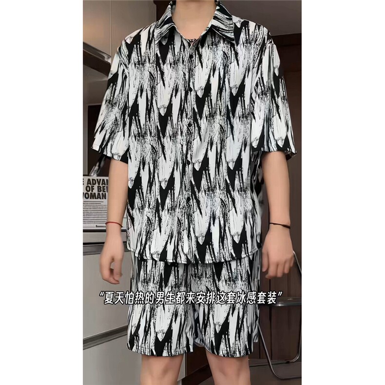短袖衬衫男+短裤男套装男100%聚酯纤维M-5XL大码TZ78721P50控98,男装牛仔裤,星座226-1
