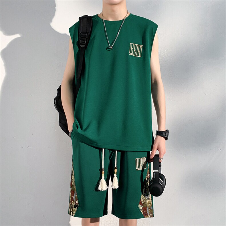 刺绣背心套装男休闲运动短裤五分两件套拼接小熊A266-TZ1158-P46,男装牛仔裤,电商A266