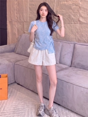 女夏新款时尚减龄套装圆领侧绑带晕染设计短袖上衣蕾丝短裤两件套，女装套装/套裙，江南