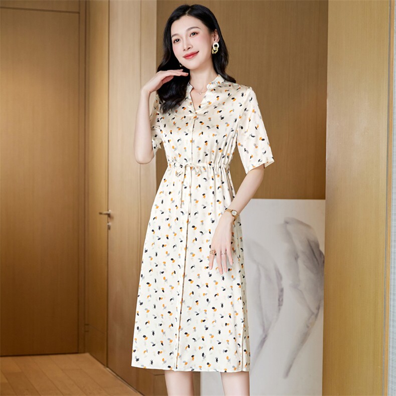 杭州真丝桑蚕丝连衣裙女2025年夏季新款气质高端精致收腰品牌碎花,女装连衣裙,阿舍尔精品