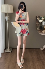 新中式风盘扣立领无袖上衣阔腿短袖两件套女夏气质温柔时尚套装，女装套装/套裙，2C310
