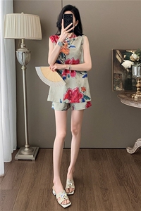 新中式风盘扣立领无袖上衣阔腿短袖两件套女夏气质温柔时尚套装图片