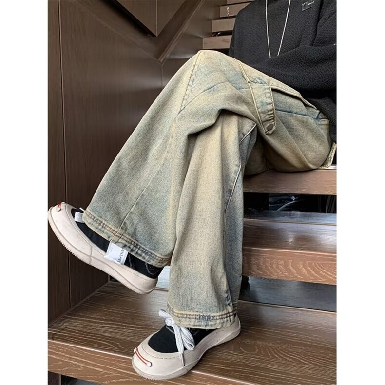 美式复古水洗牛仔裤男女设计感宽松阔腿坠感拖地长裤子NT227-p58图片