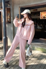 粉色盐甜系穿搭减龄显瘦连帽卫衣开衫套装女秋新款休闲长裤两件套，女装套装/套裙，2C010