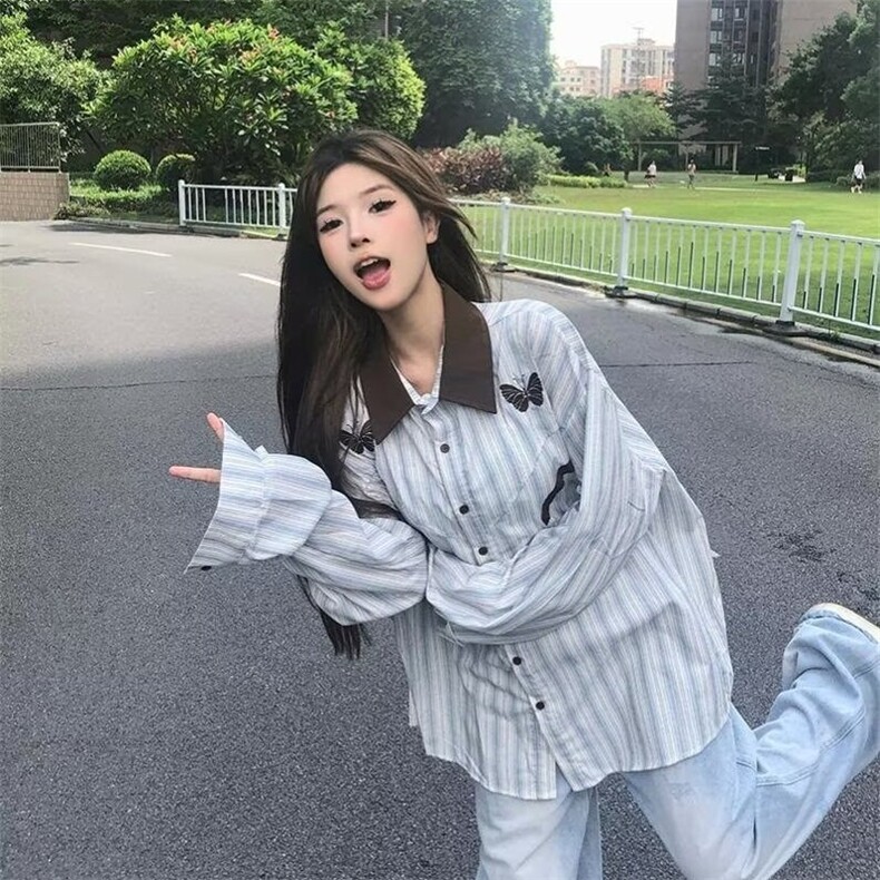 美式复古长袖衬衫日系港风ins宽松衬衣男女春秋潮流百搭休闲外套,男装衬衫,星座506A
