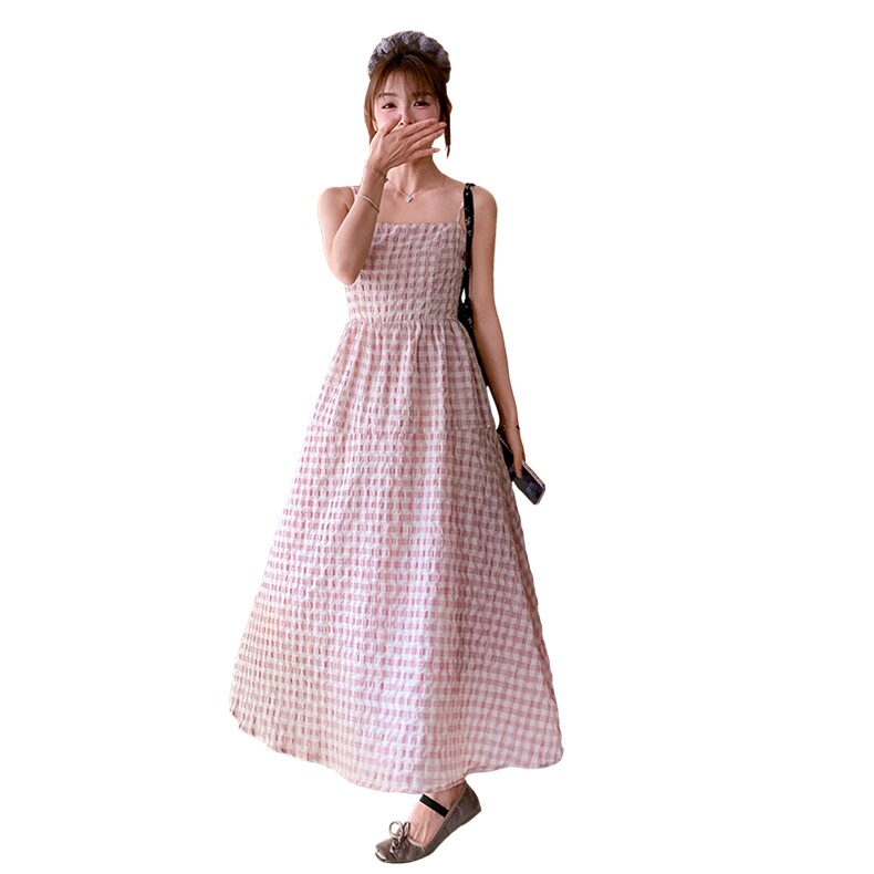 温柔风穿搭粉色格纹吊带裙女夏季新款超好看休闲减龄甜美连衣裙潮,女装连衣裙,2C109