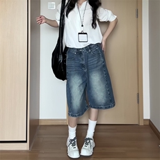 七分裤女夏薄款2025新款大码胖mm遮胯显瘦阔腿宽松小个子直筒中裤，男装牛仔裤，星座506A