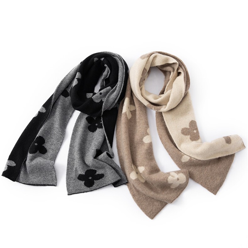秋冬保暖羊绒围巾柔软贴肤花朵提花拼色，围巾，戎咖羊绒