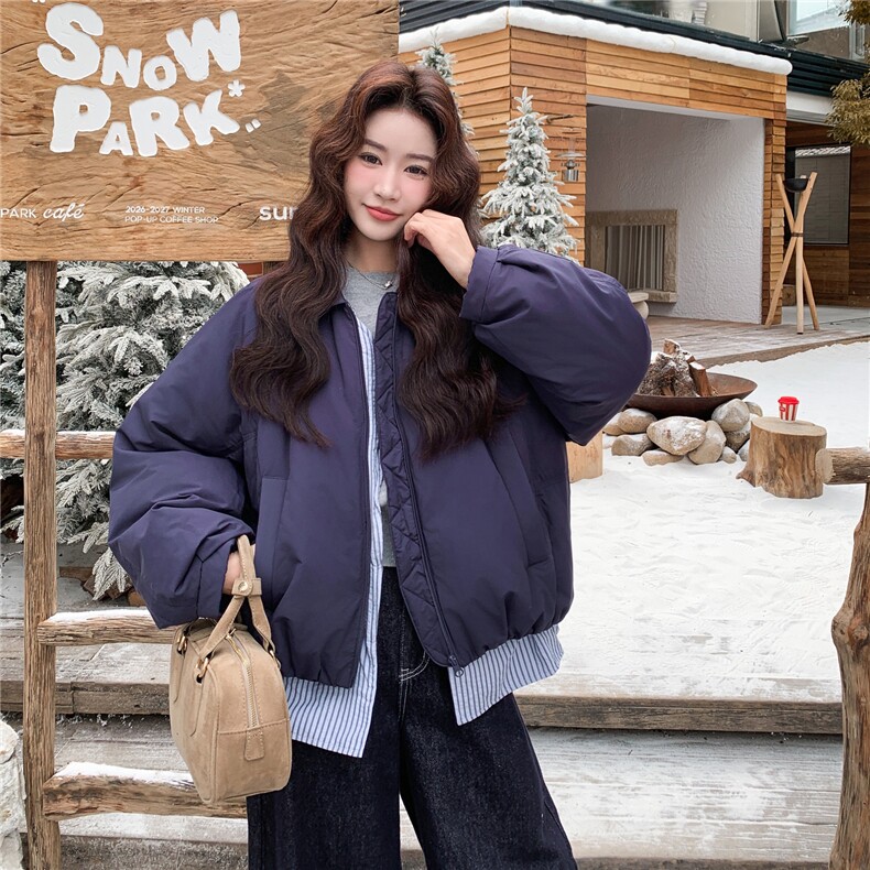 藏青色格子拼接假两件短款羽绒服女冬季2025新款设计感白鸭绒外套，女装羽绒服，慧尚依恋