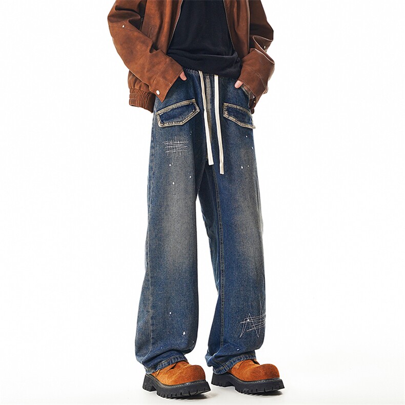 B221美式ins高街暗黑喷墨刺绣宽松直筒牛仔裤LK24345-P65控88，男装牛仔裤，电商B221