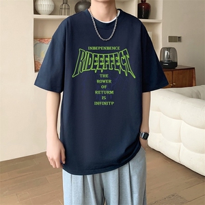 夏季流行男士纯棉落肩宽款印花短袖T恤休闲时尚吸汗透气T17图片