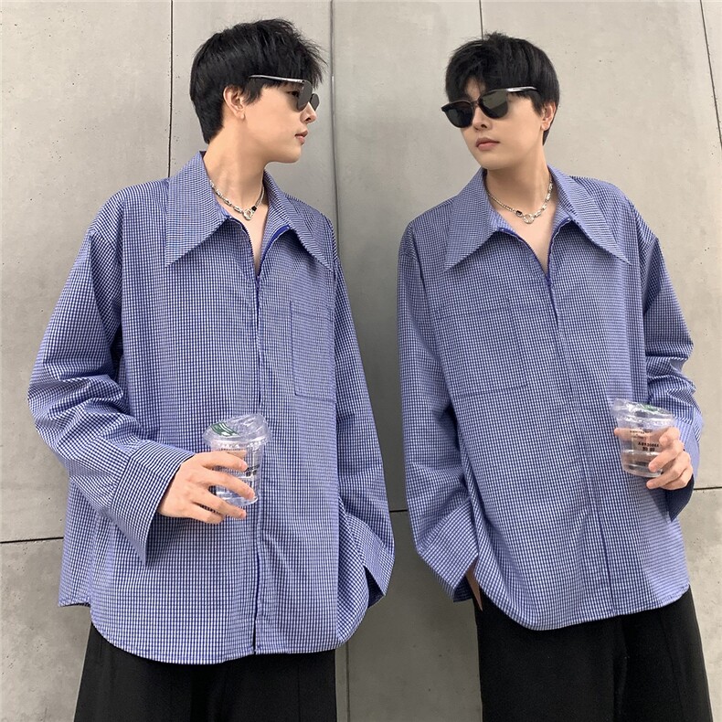 美式复古高级感格子长袖衬衫男女休闲宽松情侣防晒衬衣 CS06-P48图片